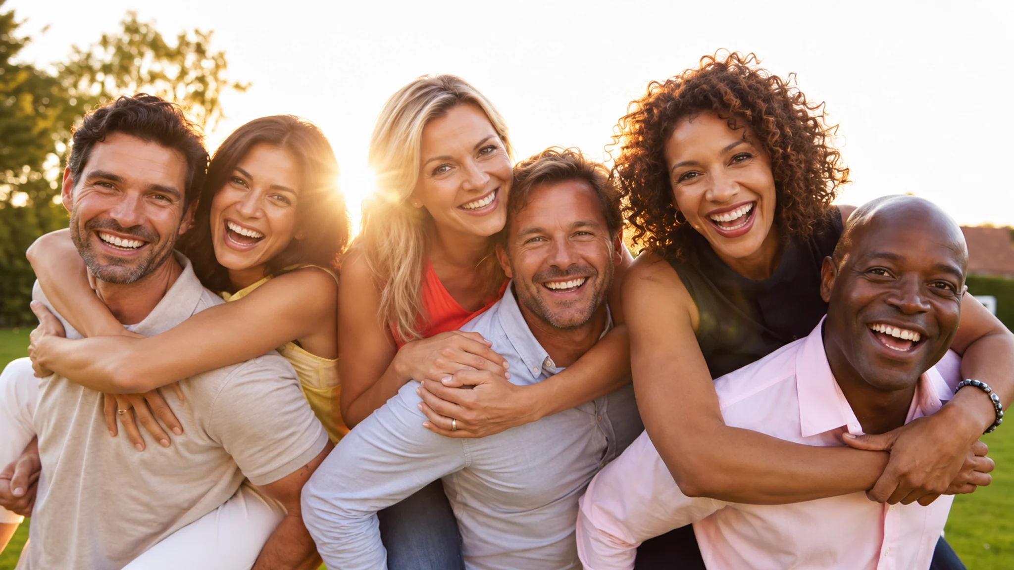 A diverse casual group laughing together outdoors