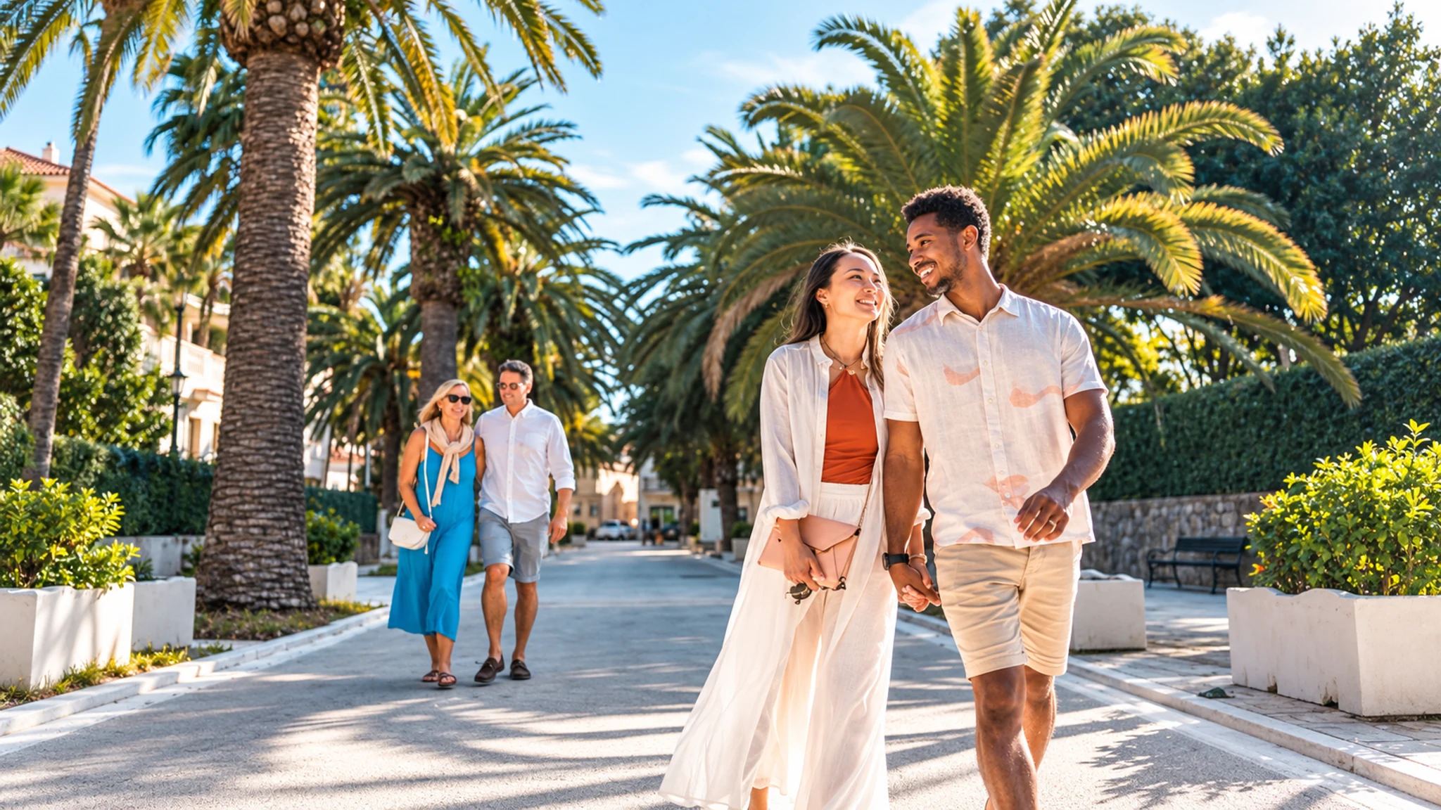 An interracial couple walking together while traveling with friends