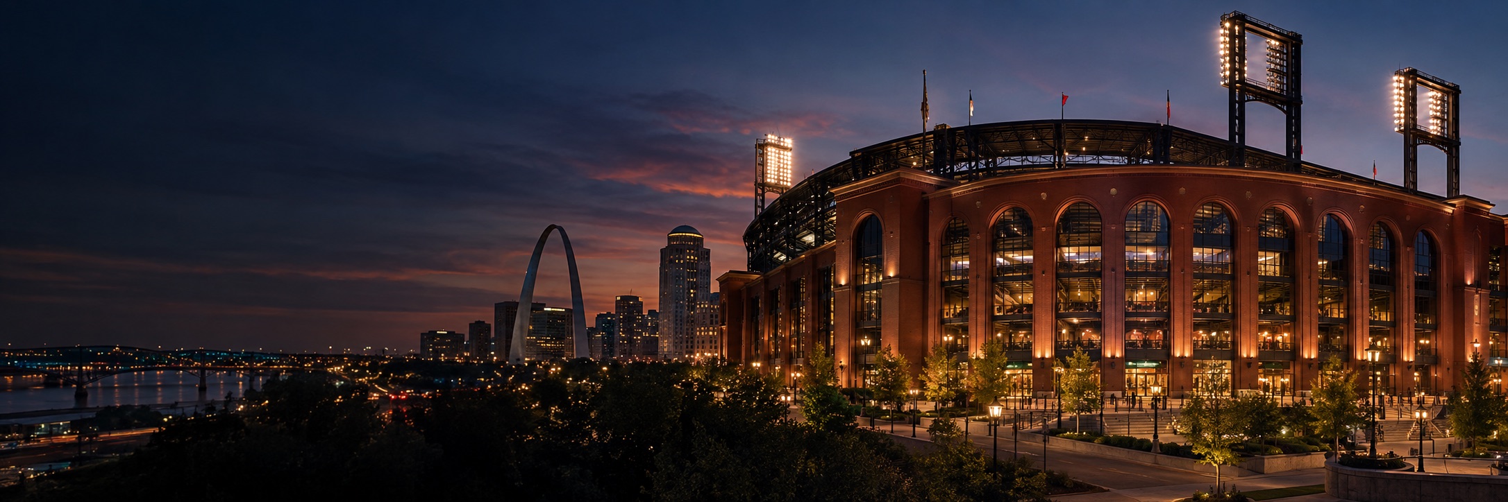 Busch Stadium and the St. Louis skyline at night
