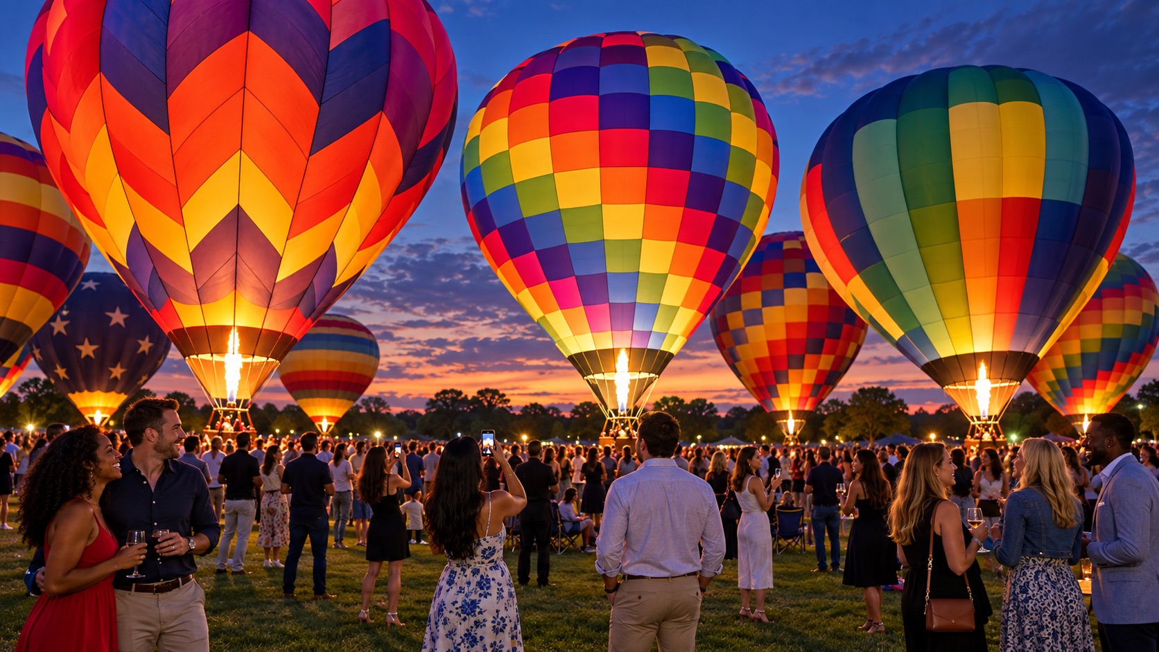 Hot-air balloons glowing at night in St. Louis