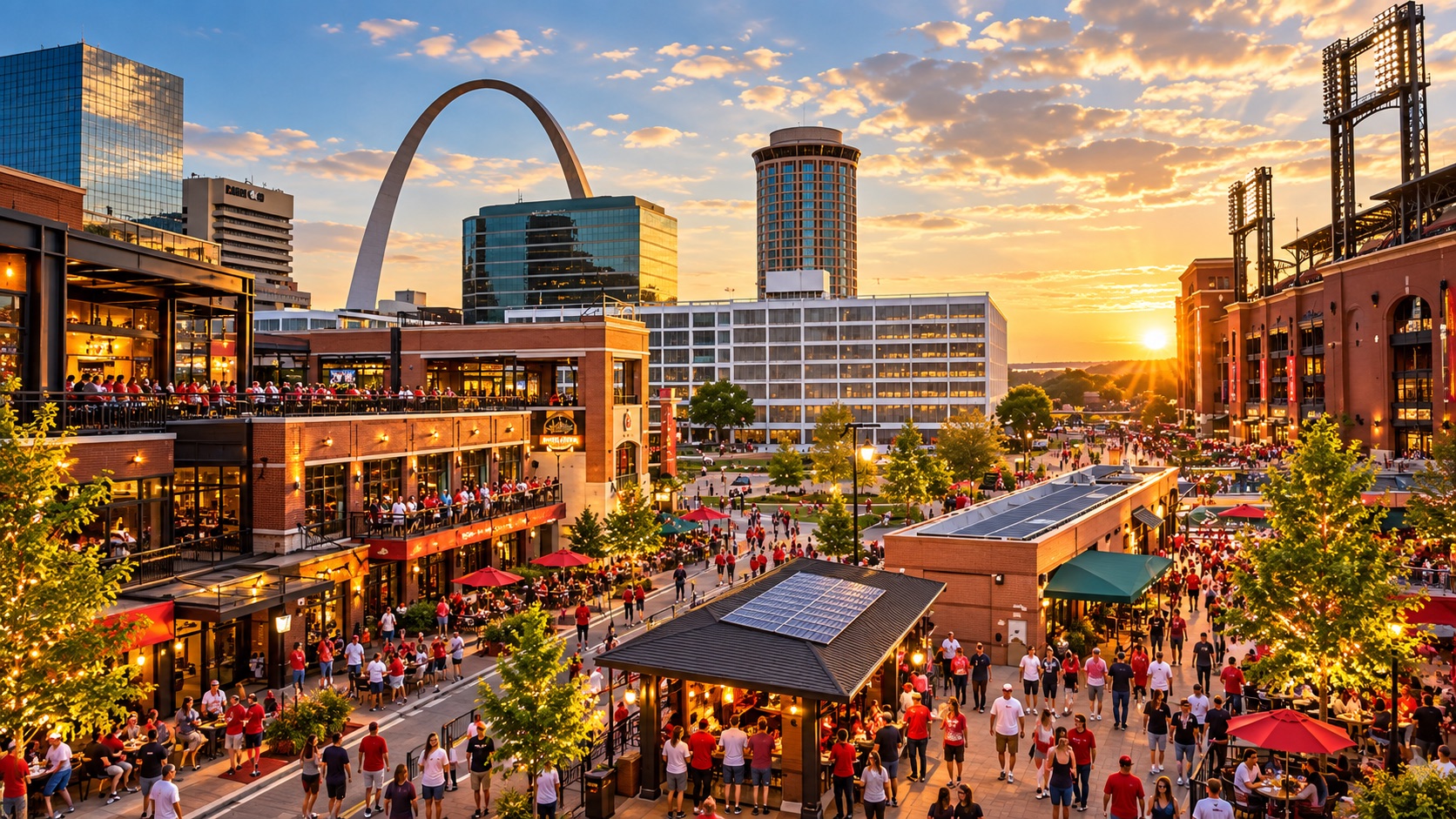Ballpark Village with the Gateway Arch beyond