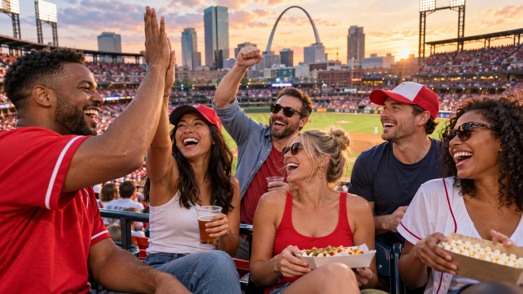 Friends cheering together at a St. Louis ballgame
