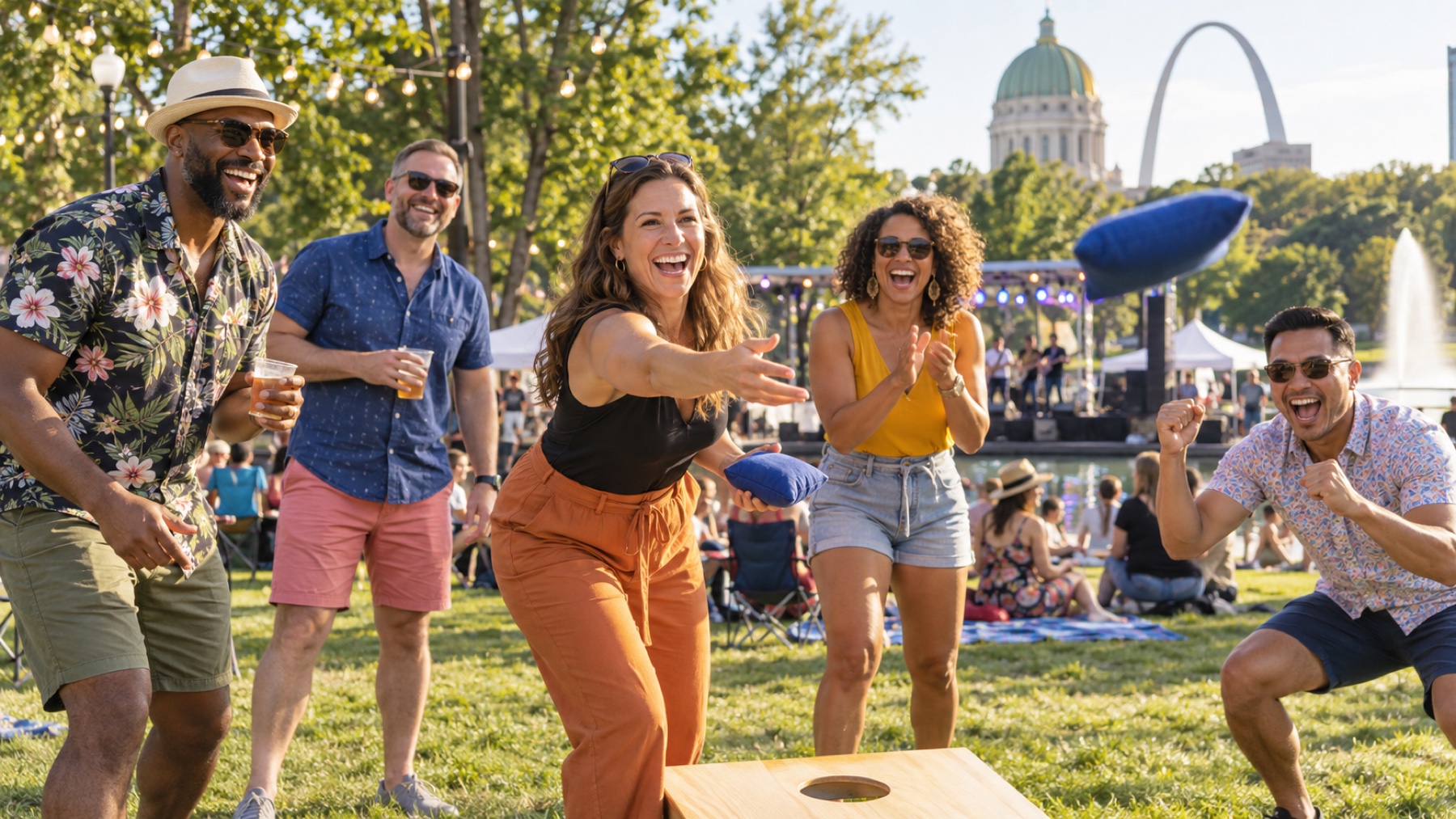Friends laughing and playing together at an outdoor festival