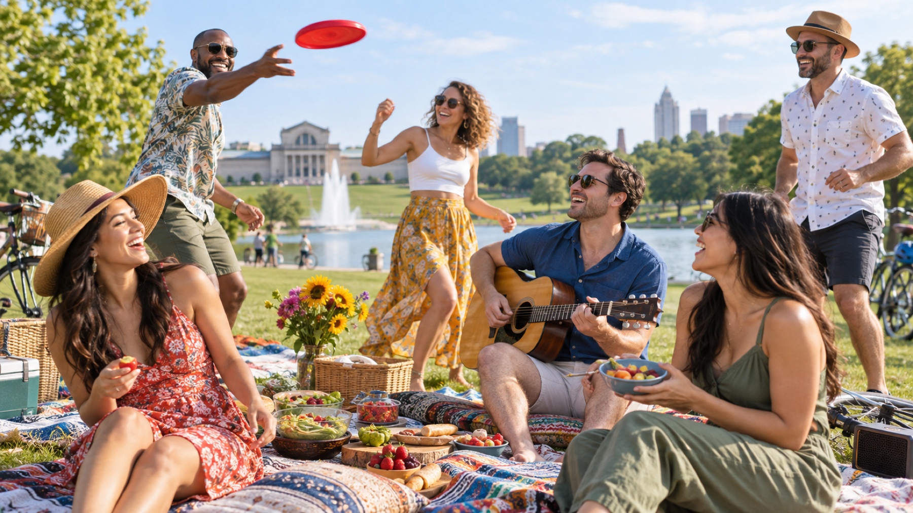 Friends enjoying a colorful picnic and outdoor activities
