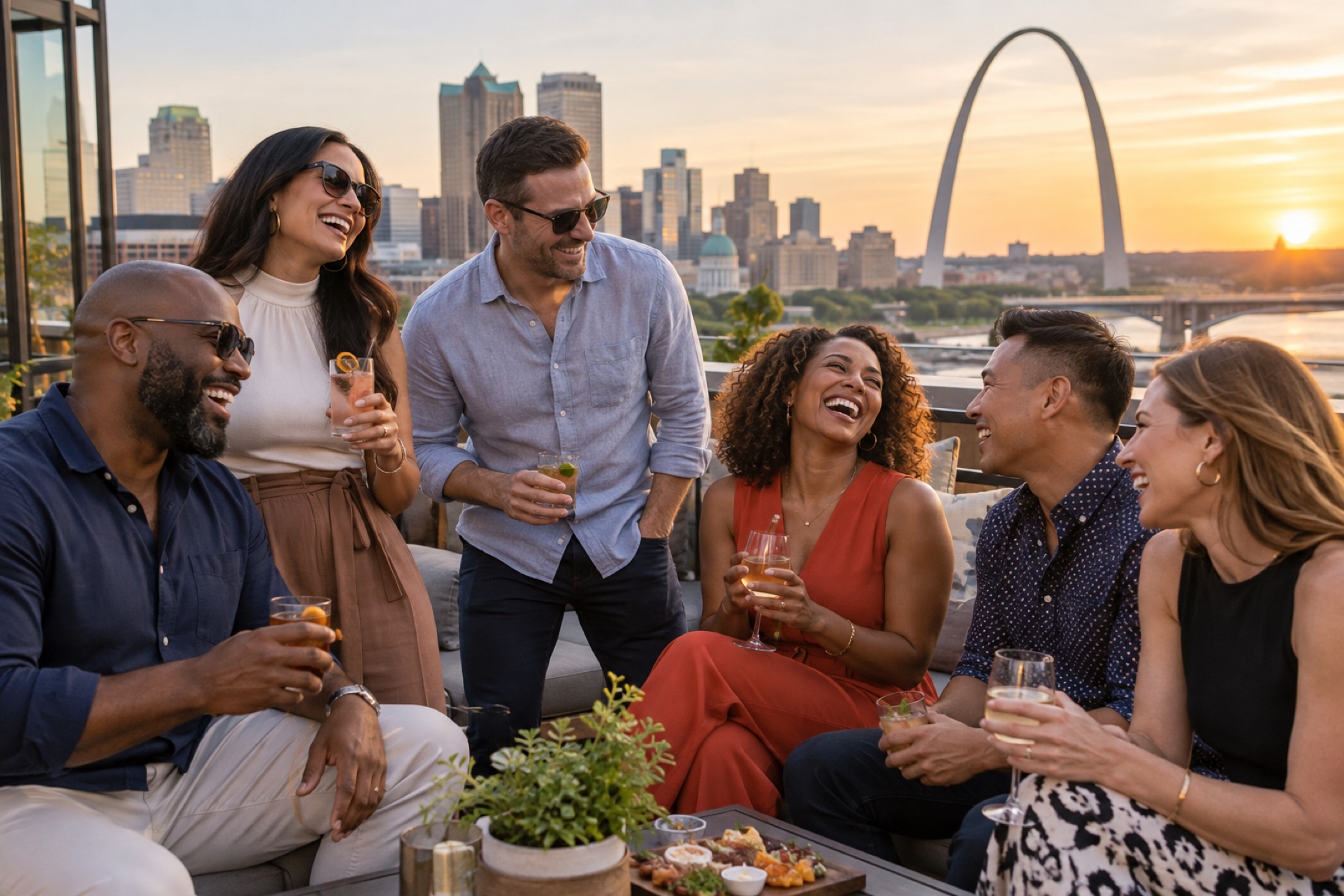A lively group of friends enjoying a St. Louis rooftop gathering