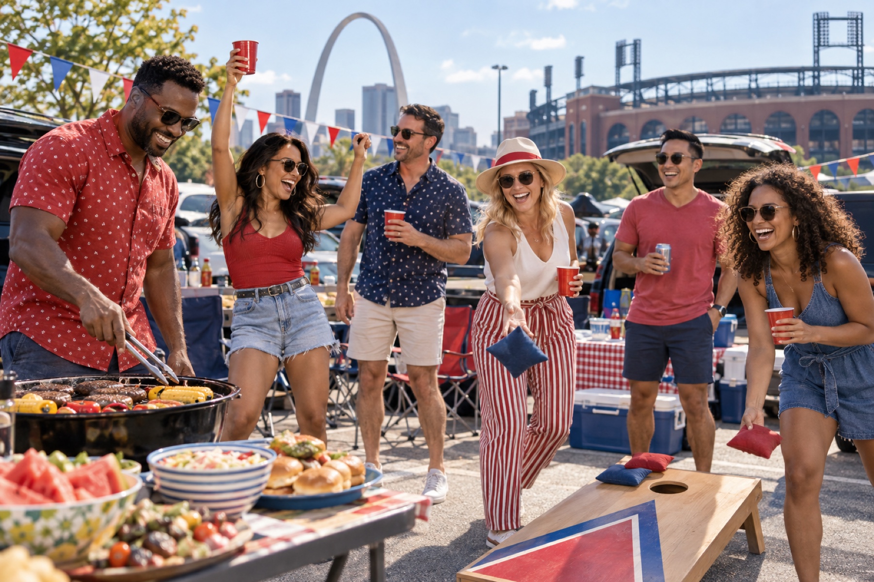 Friends playing cornhole together at a lively tailgate